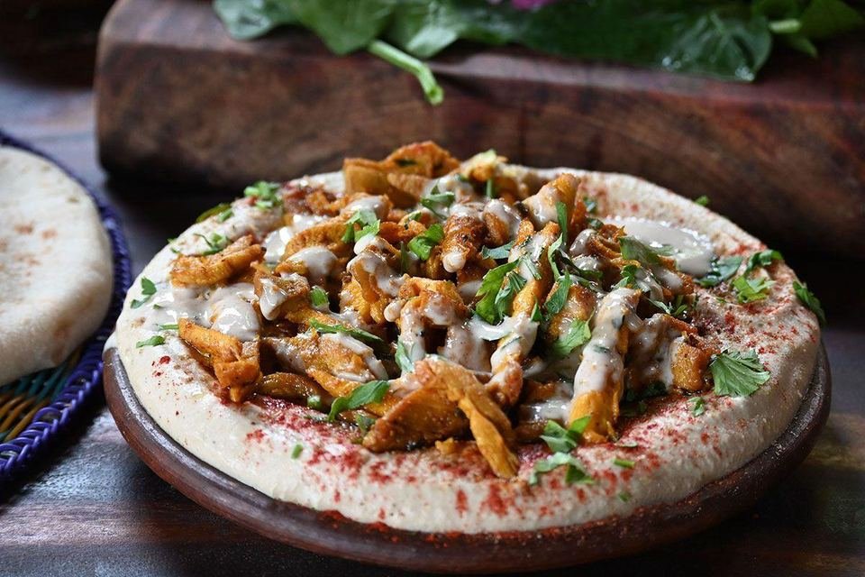 Hummus with chicken shawarma at Kapara Mio